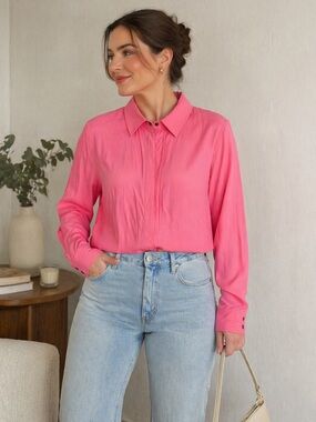 {Tyler Böe} Women’s Silk Collared Long-Sleeve Blouse in Bright Pink